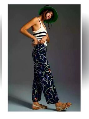 Anthropologie Maeve Colette Cropped Wide-Leg Pant in Dark Blue Floral size27P